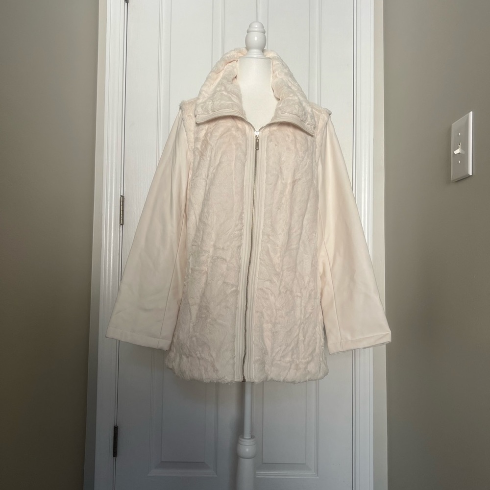 Dennis Basso Cream Faux Fur/Faux Leather Convertible Zip-Up Coat - NWT - Sz L/XL